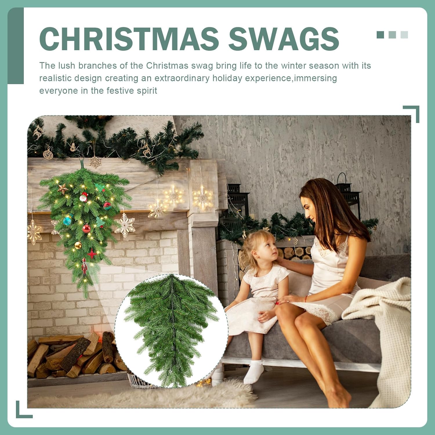 Pre Lit Artificial Christmas Teardrop Swag with 30 LED - 24 in Pine Greenery Staircase Decor