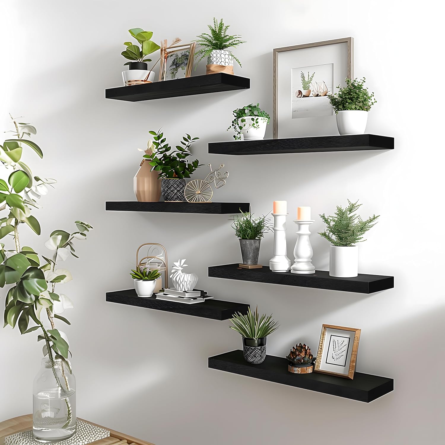 Black Wood Floating Shelves Set of 4 for Wall Rustic Bedroom Living Room