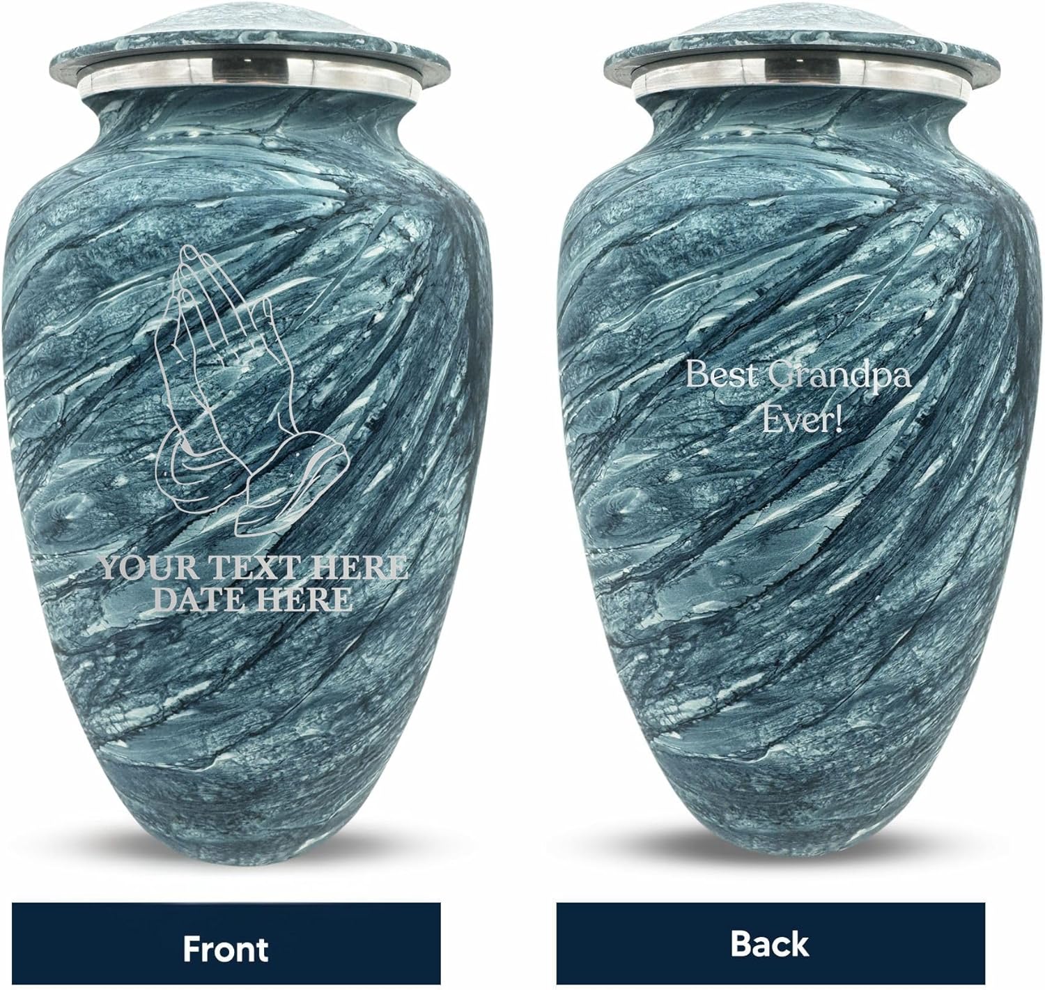 Custom Large Adult Cremation Urn with Name and Praying Hands Design - 200 Cubic Inch Blue Urn