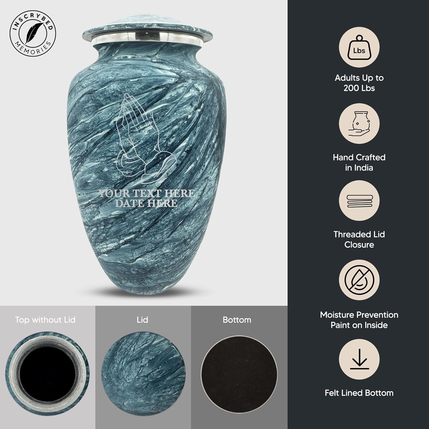 Custom Large Adult Cremation Urn with Name and Praying Hands Design - 200 Cubic Inch Blue Urn