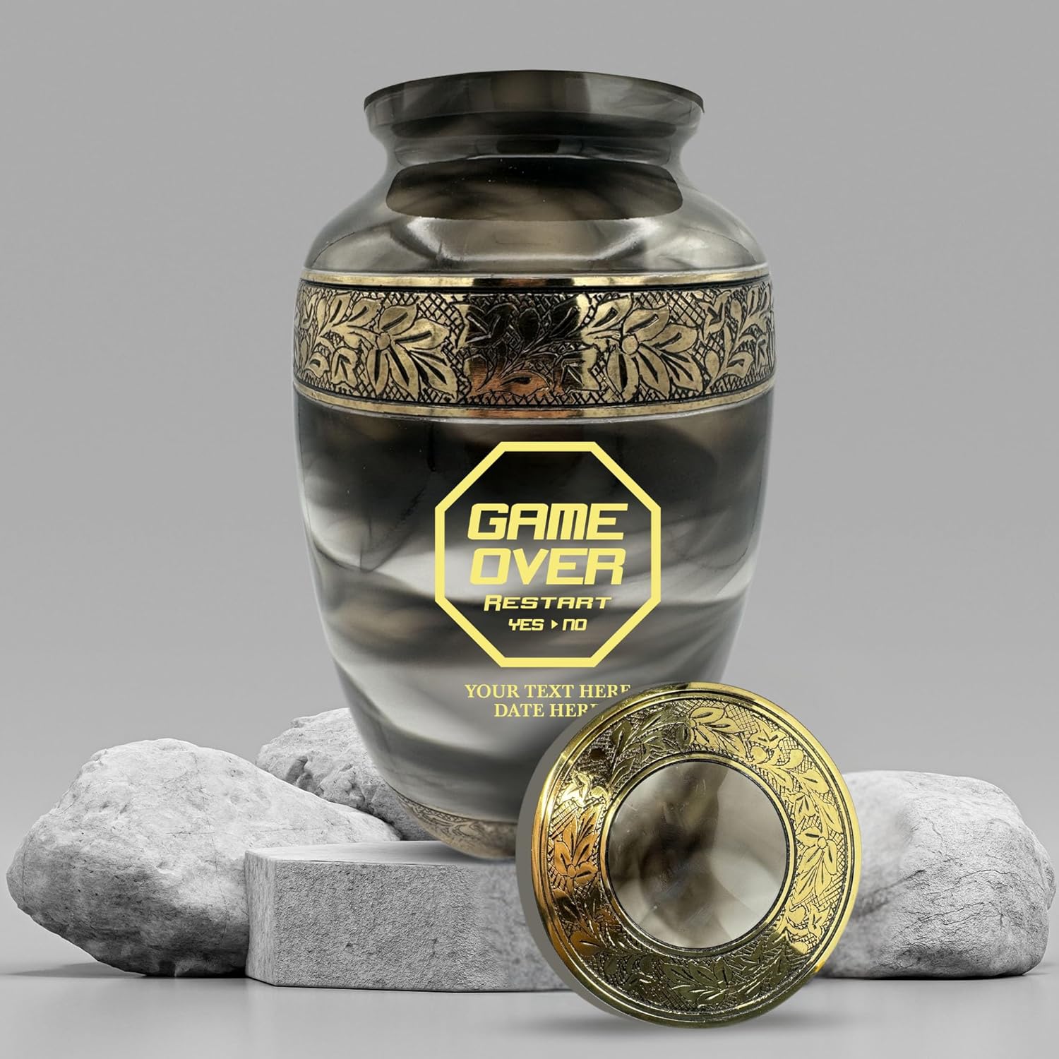 Custom Cremation Urn for Gamers Gold Engraved Design Suzesta Series