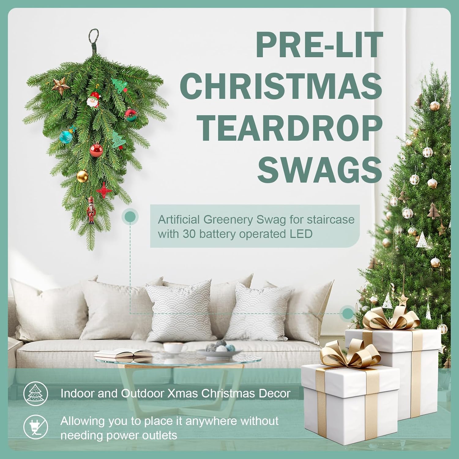 Pre Lit Artificial Christmas Teardrop Swag with 30 LED - 24 in Pine Greenery Staircase Decor