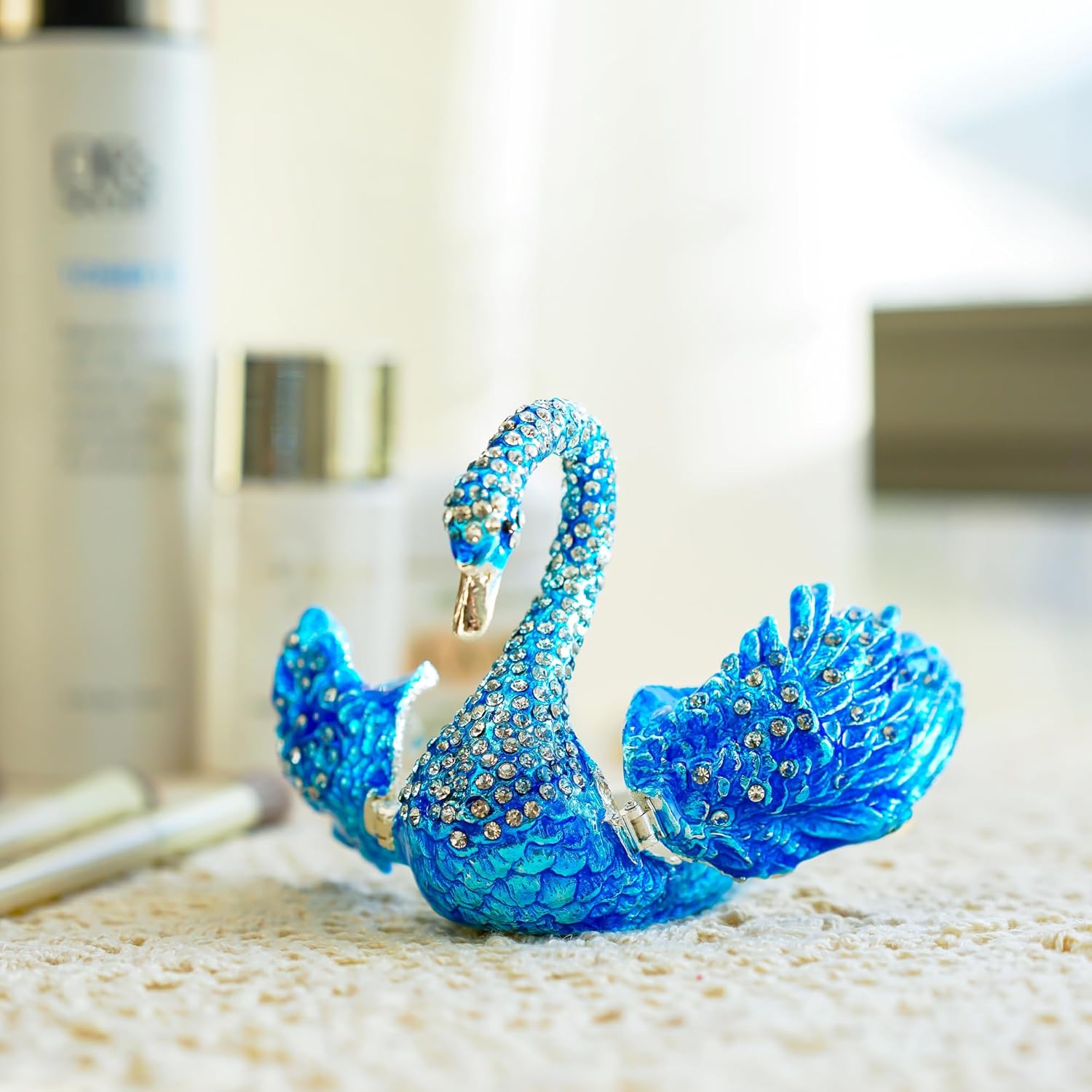 YU FENG Blue Swan Figurine Decorative Trinket Box
