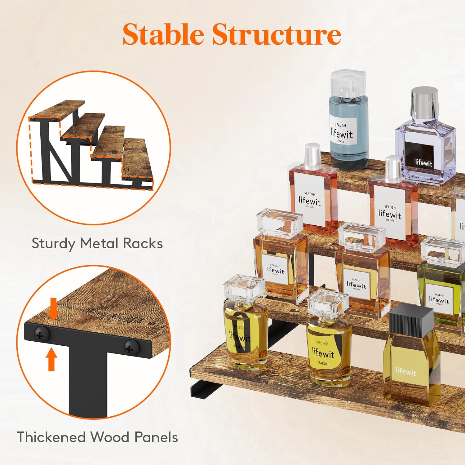 Lifewit 4-Tier Wooden Display Riser with Metal Stand Rustic Brown