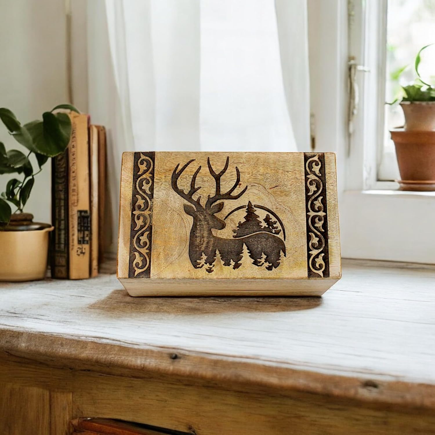 Handcrafted Wooden Cremation Urn with Deer Engraving