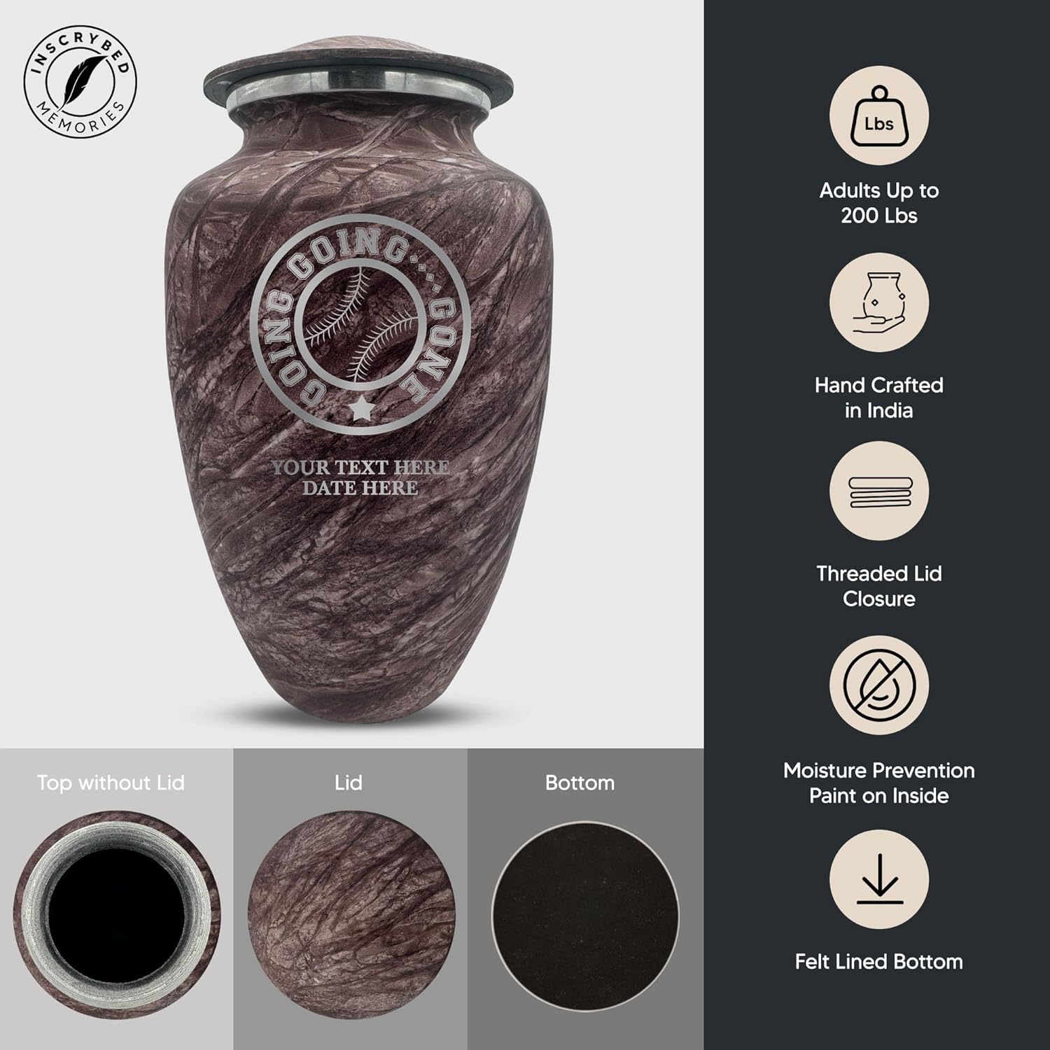 Custom Large Adult Cremation Urn with Name - Baseball Theme 200 Cubic Inch Burgundy
