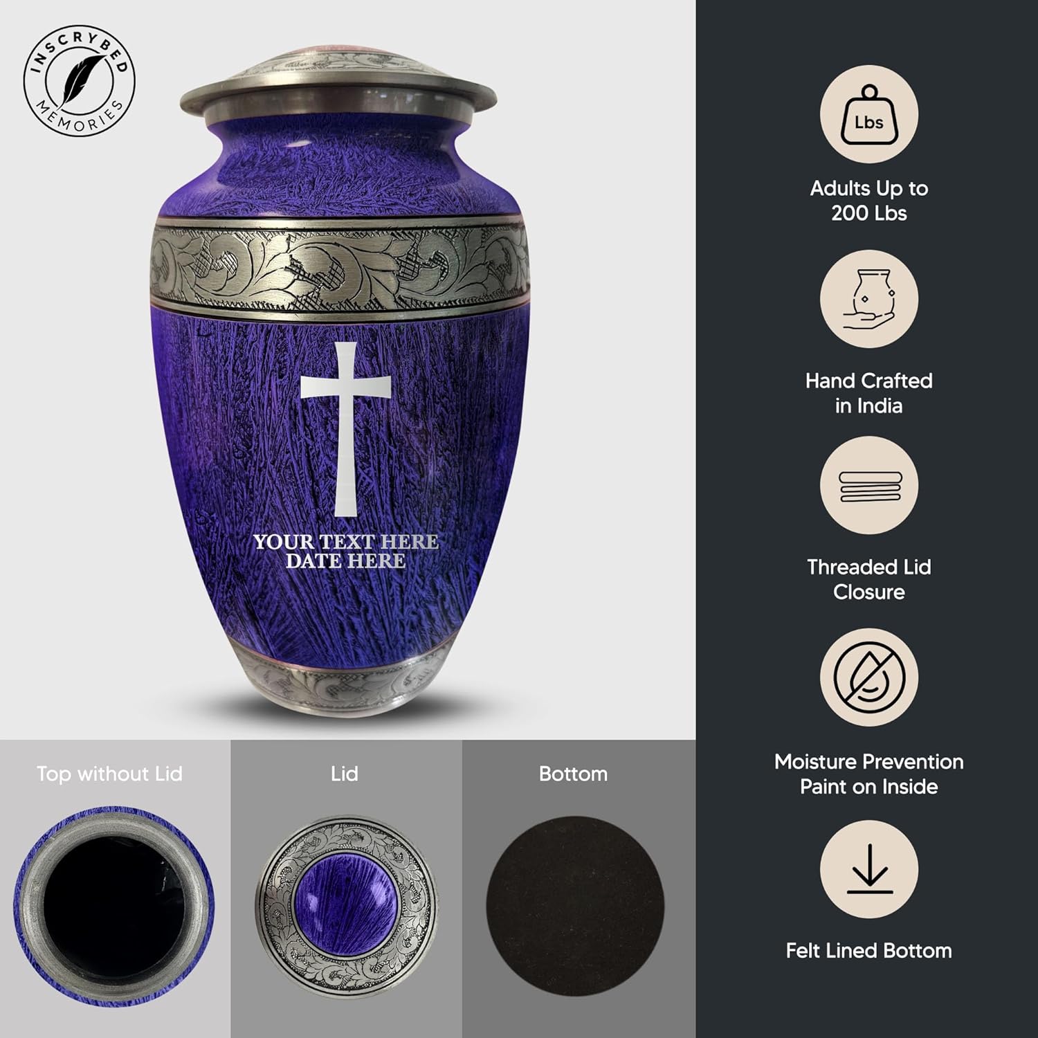 Elegant Personalized Cremation Urn - Custom Engraved Distressed Silver Inlay