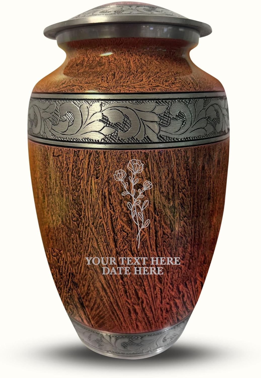 Personalized Cremation Urn for Ashes - Distressed Silver Inlay 200 Cubic Inch Floral Design Memorial Urn for Men Women