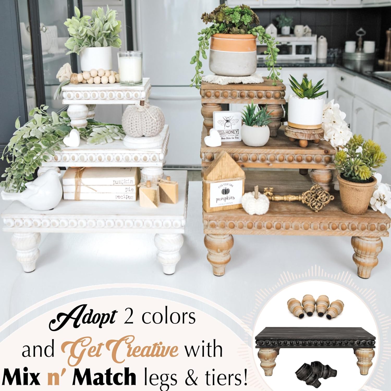 Wooden Tiered Tray Set - 3 Piece Farmhouse Display Risers