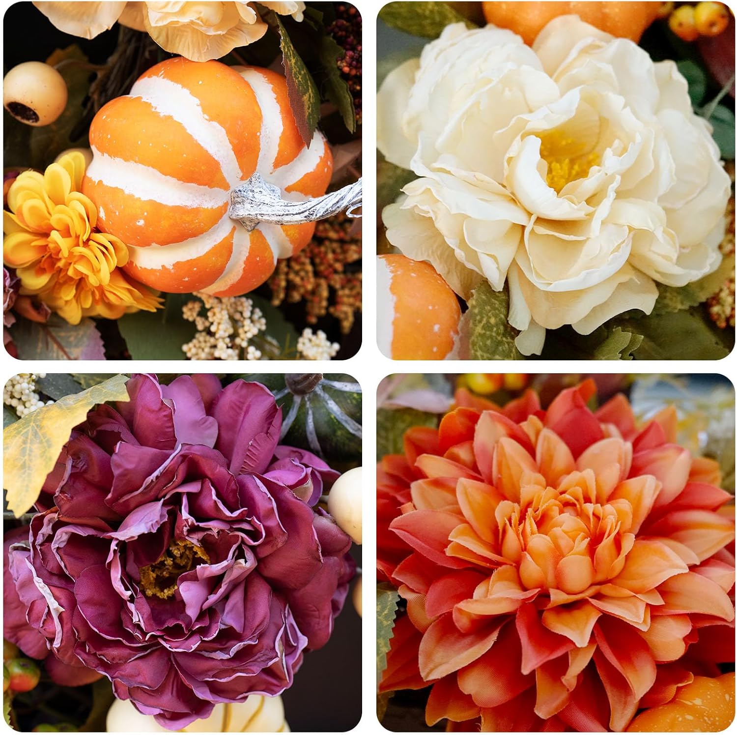 24-Inch Fall Wreath for Front Door with Pumpkins and Artificial Flowers