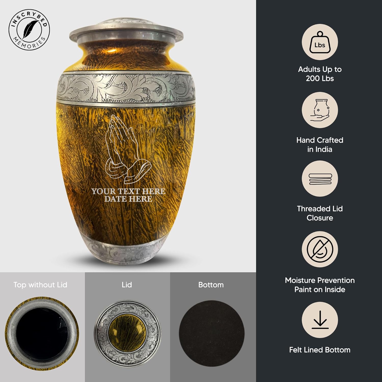 Personalized Cremation Urn with Praying Hands Design - 200 Cubic Inch Distressed Silver Inlay