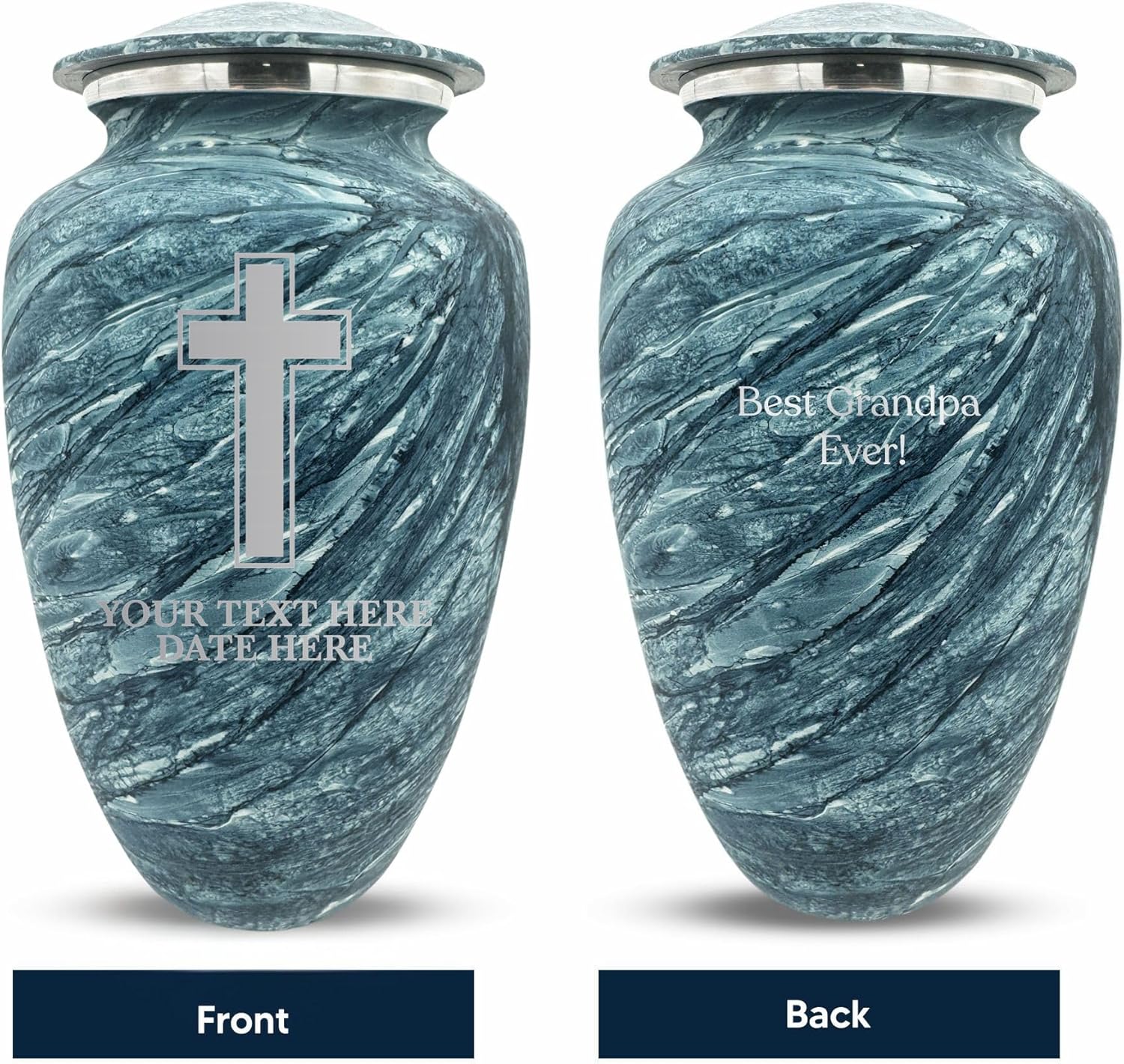 Custom Large Cremation Urn with Name and Memorial Cross - 200 Cubic Inch Blue Urn