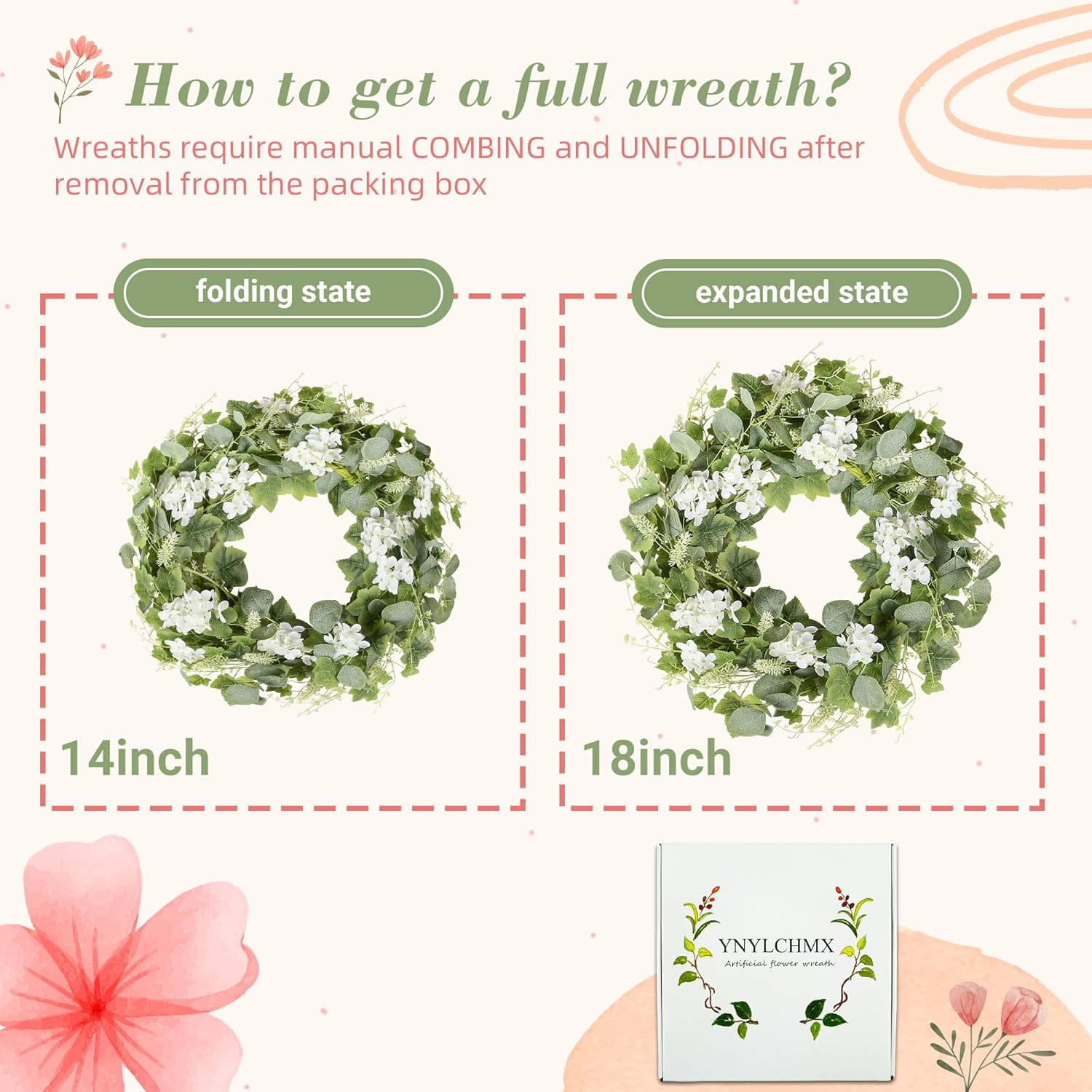YNYLCHMX 18 Inch Spring Summer Wreath for Front Door