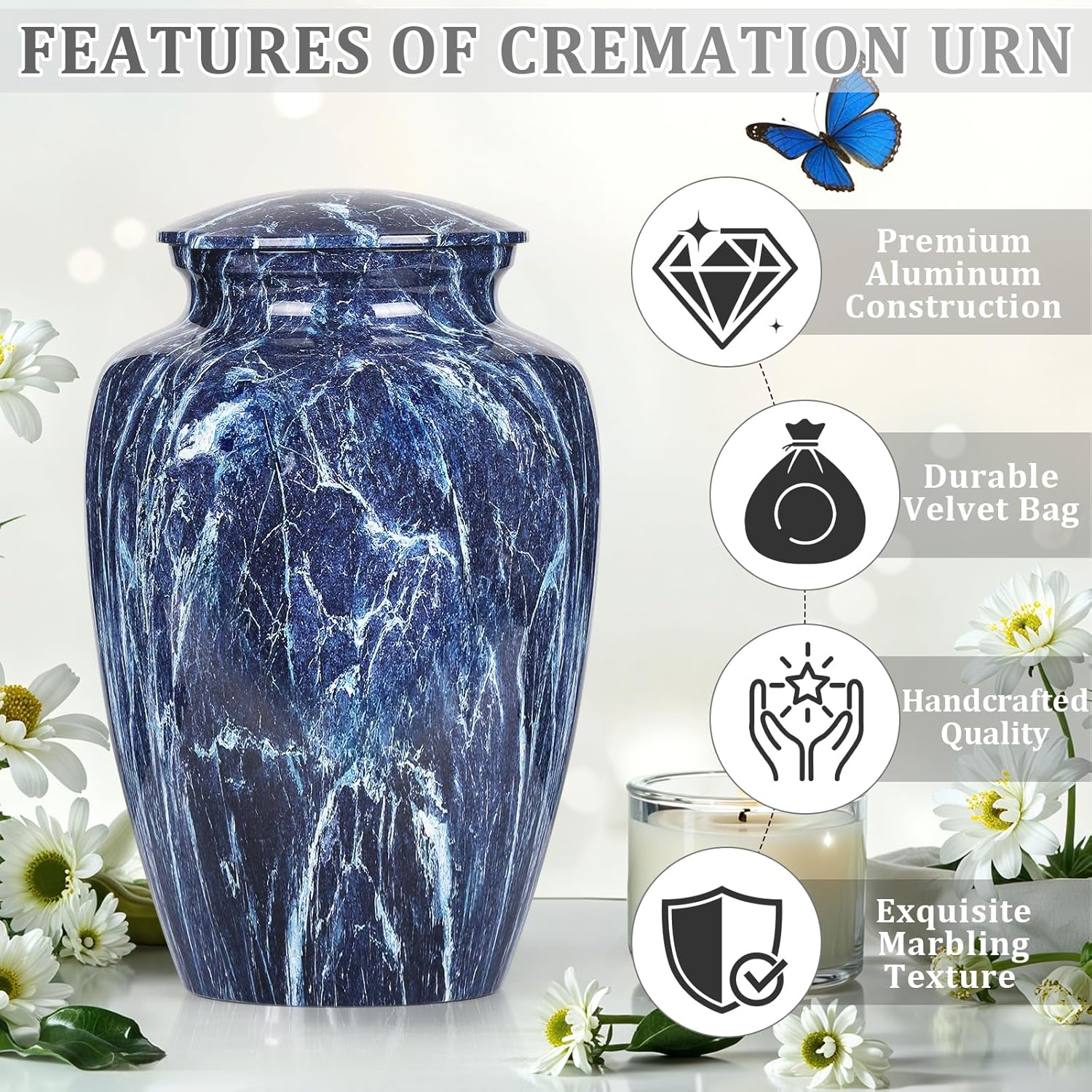 Premium Blue Marble Cremation Urn for Human Ashes