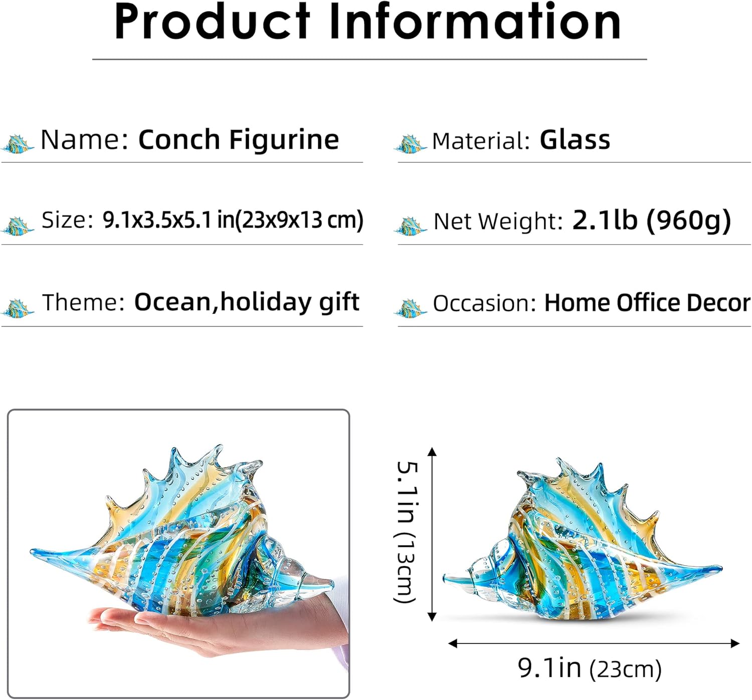 Eustuma Hand Blown Glass Conch Figurine Decoration