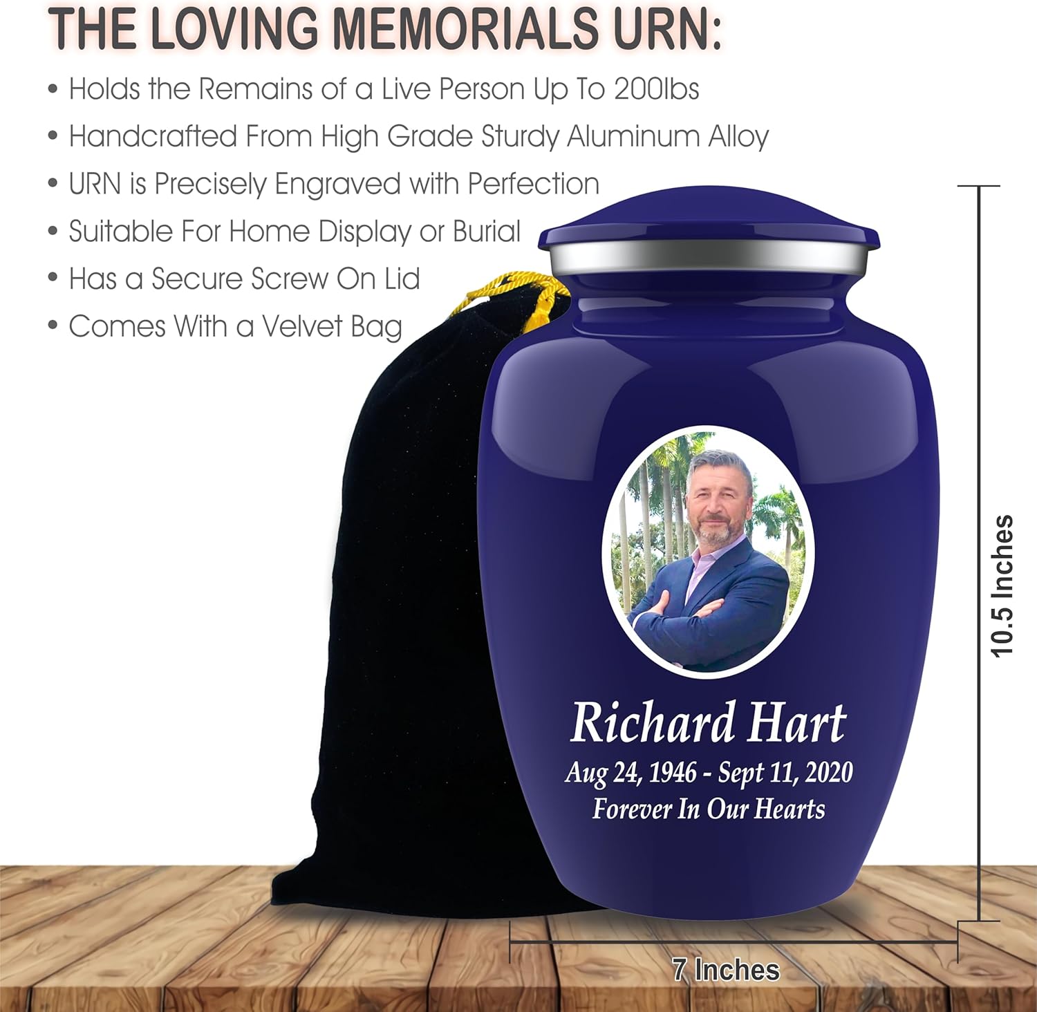 Personalized Photo Cremation Urn with Engraving and Velvet Bag Blue