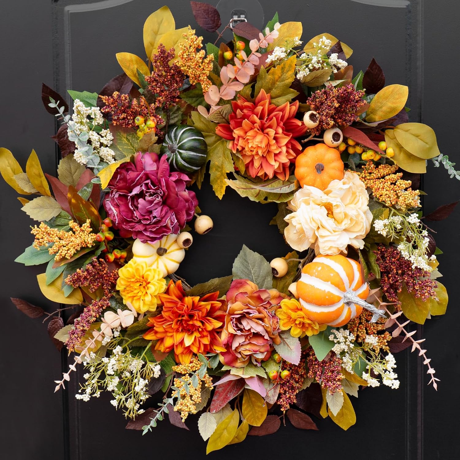 24-Inch Fall Wreath for Front Door with Pumpkins and Artificial Flowers