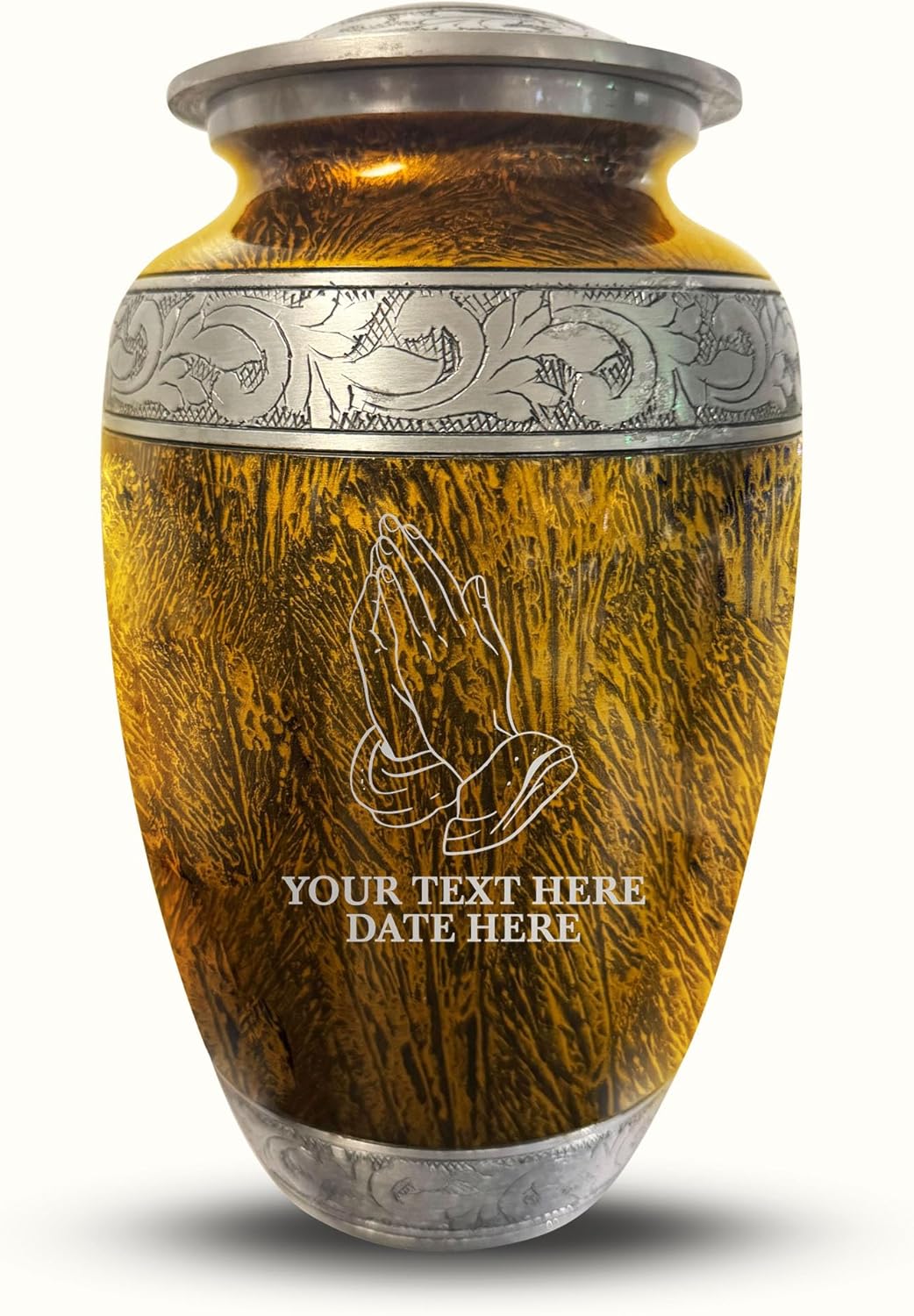 Personalized Cremation Urn with Praying Hands Design - 200 Cubic Inch Distressed Silver Inlay