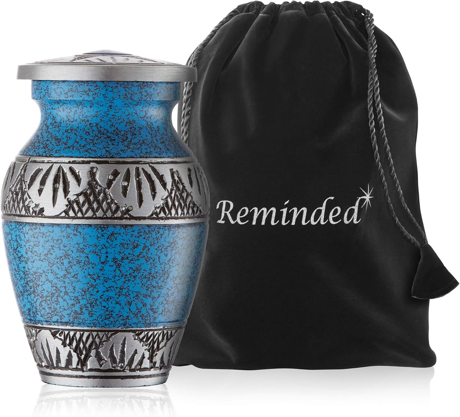 Reminded Mini Cremation Urns Set of 4 Blue Silver with Velvet Case