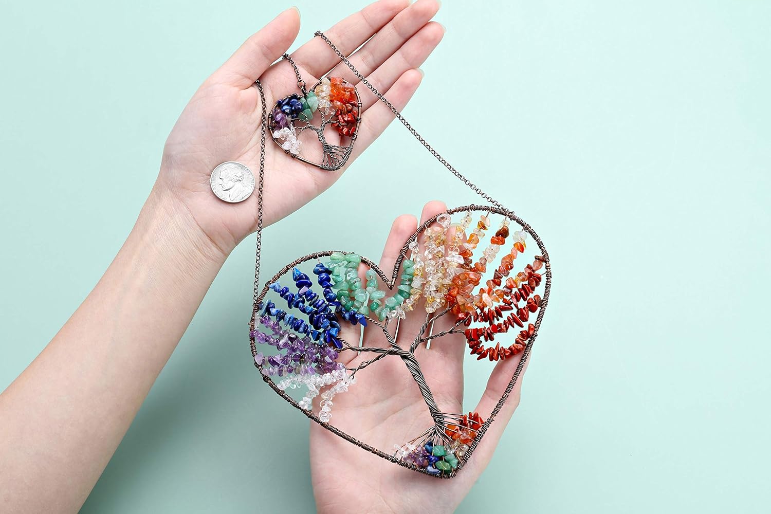JOVIVI Double Heart Tree of Life Hanging Ornament with 7 Chakra Healing Crystals