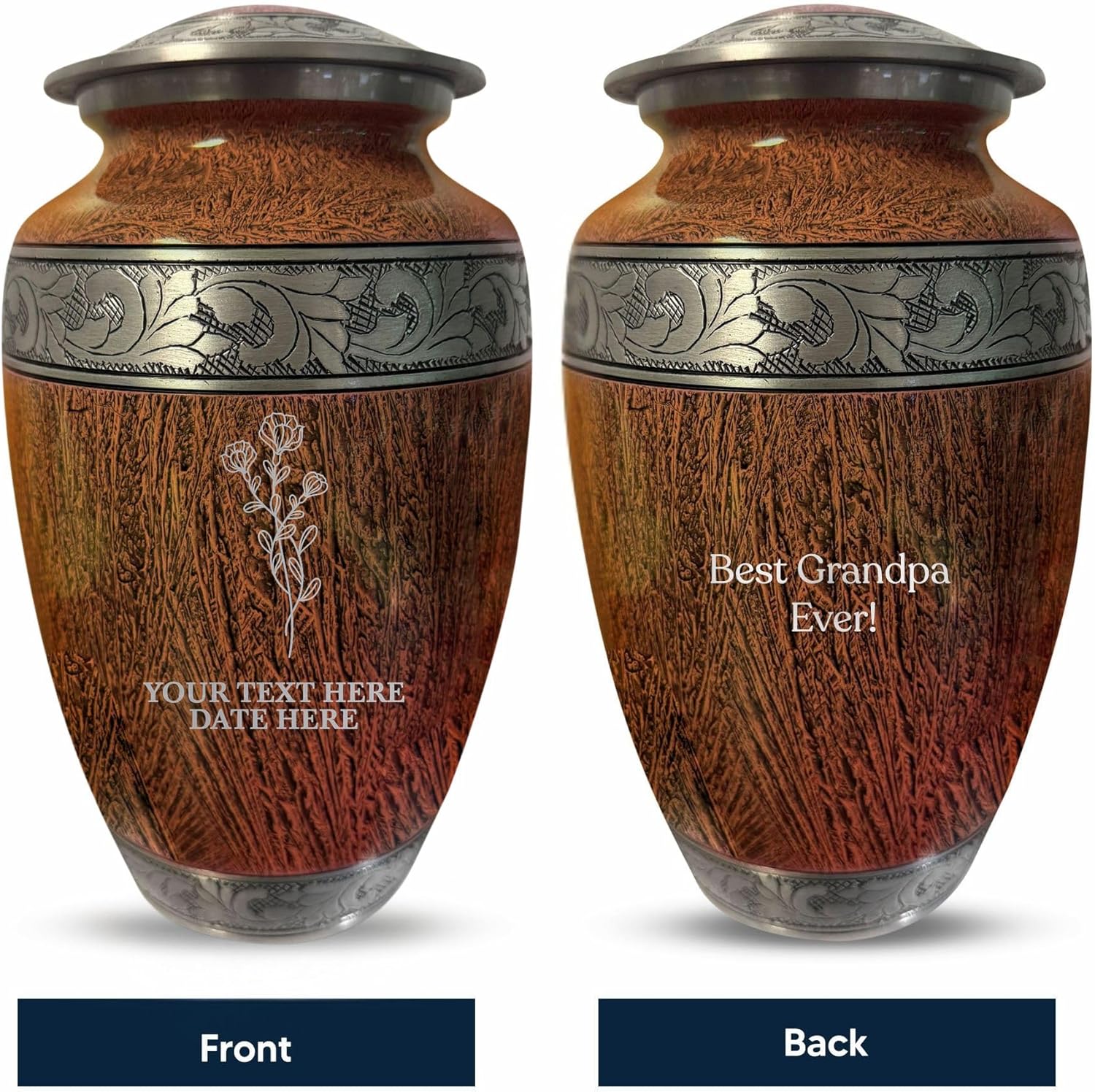 Personalized Cremation Urn for Ashes - Distressed Silver Inlay 200 Cubic Inch Floral Design Memorial Urn for Men Women