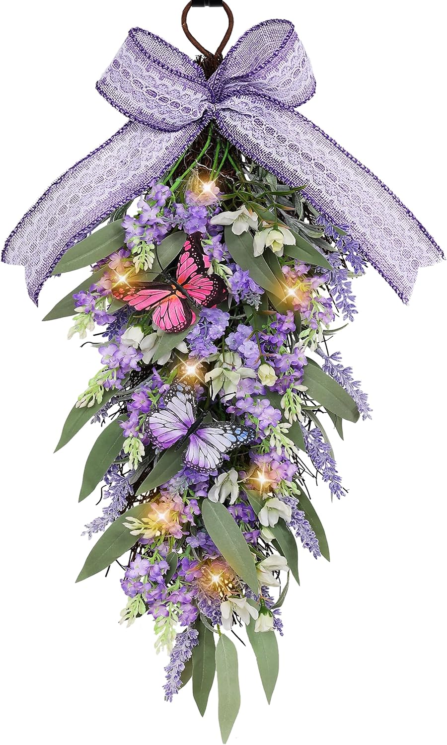 Jusdreen LED Teardrop Lavender Wreath with Butterflies Decor