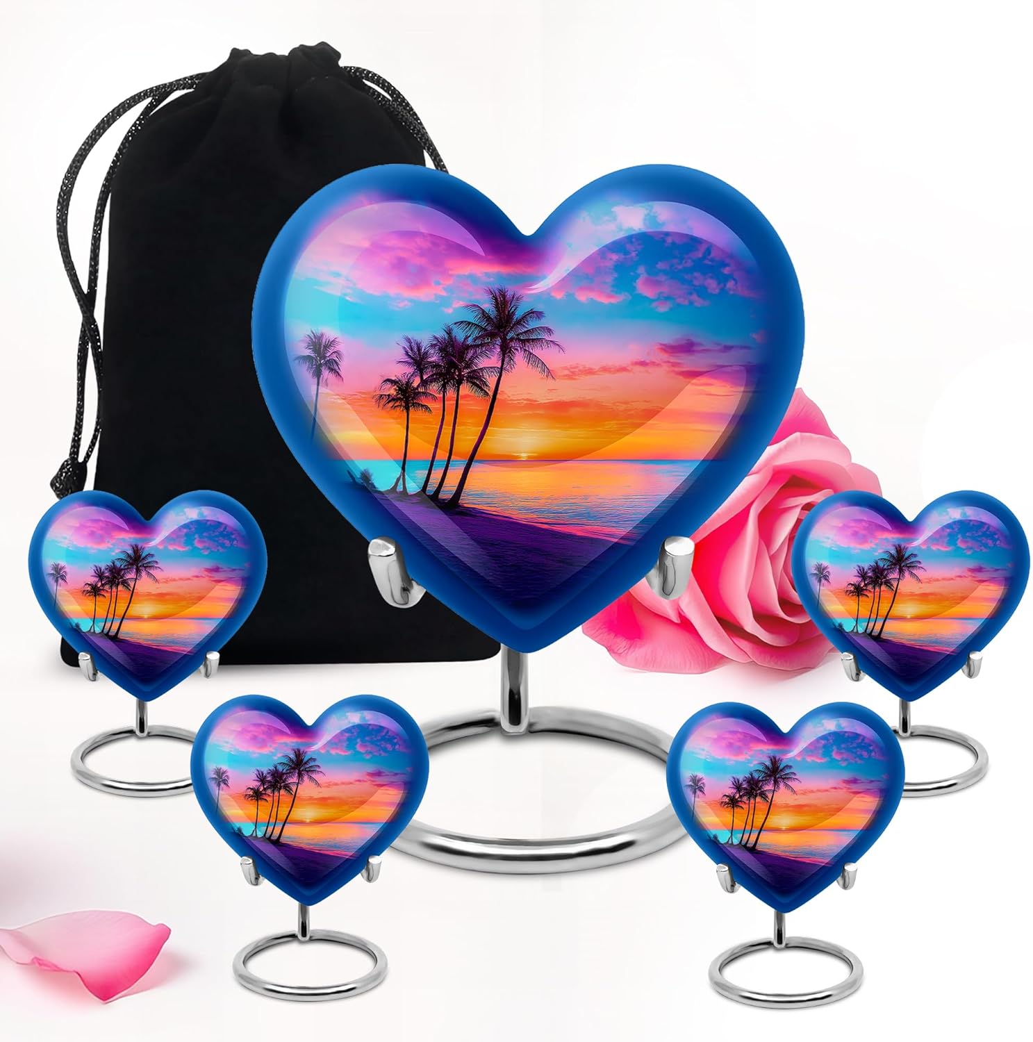 Beach Sunset Blue Large Cremation Urn for Human Ashes - Decorative Memorial Combo 10inch 200lbs 4 Keepsake 3inch