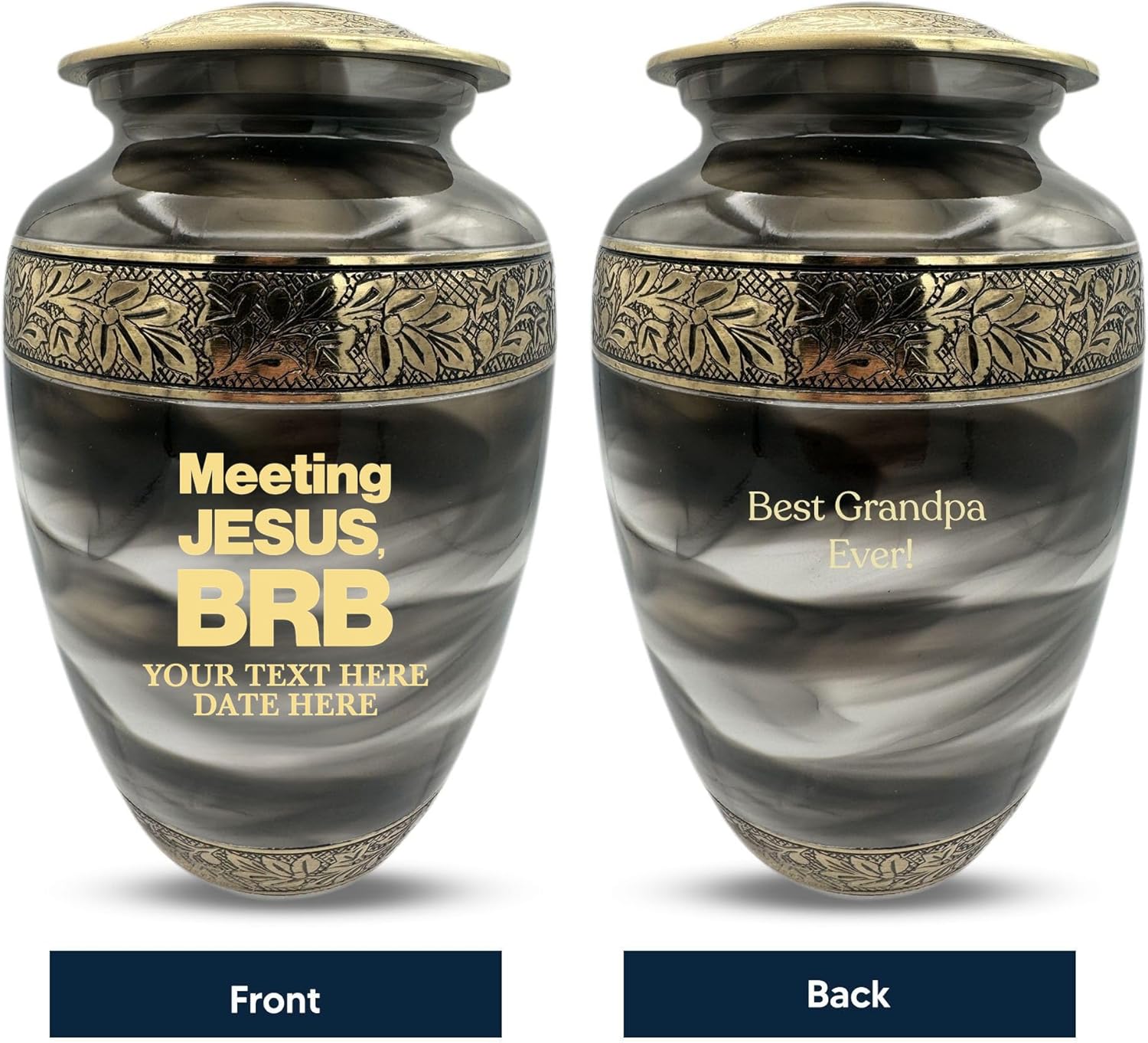 Custom Cremation Urn for Adults - Engraved with Name Dates Humor BRB 2 Design in Gold