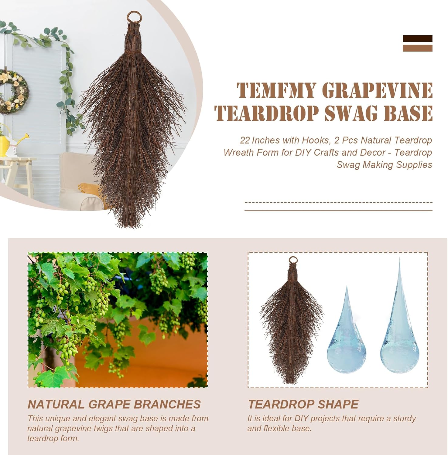 Grapevine Teardrop Swag Base 2 Pack for Door Decor