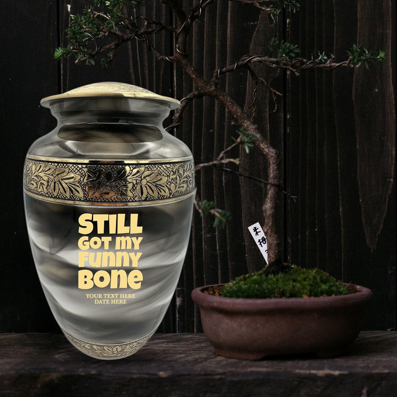 Custom Cremation Urn for Men Women - Gold Engraved Name Dates Funny Bone Design