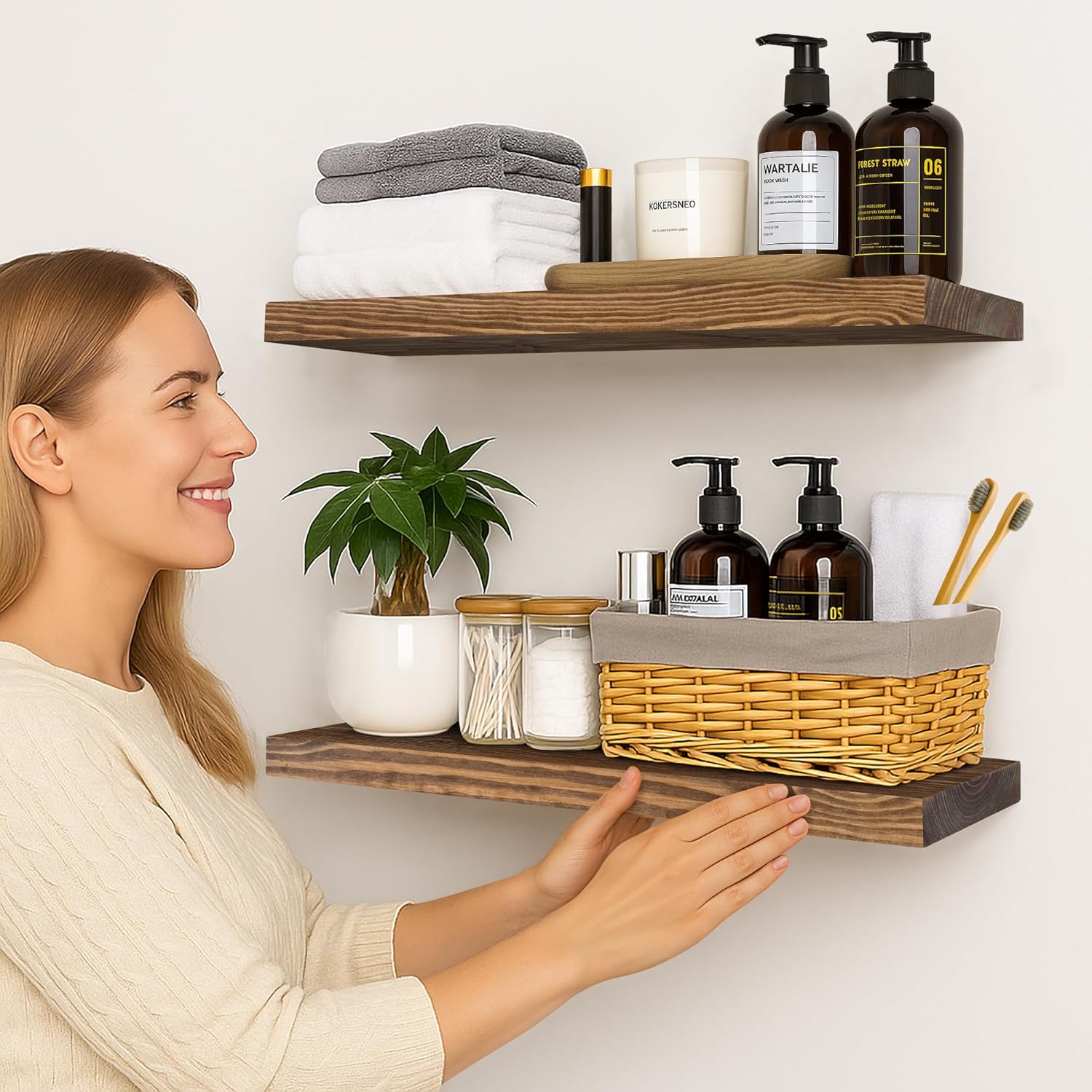 BGMG 24 Inch Floating Shelf Set of 2 Walnut Rustic Wall Shelves for Home Use