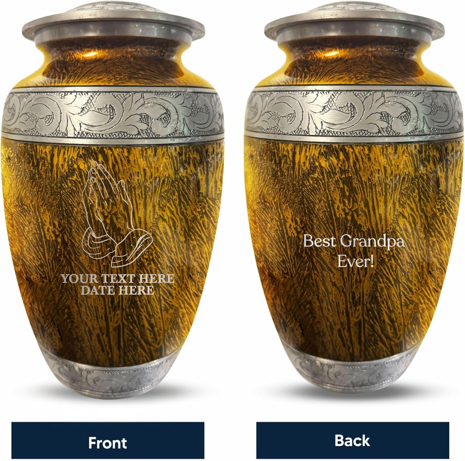 Personalized Cremation Urn with Praying Hands Design - 200 Cubic Inch Distressed Silver Inlay