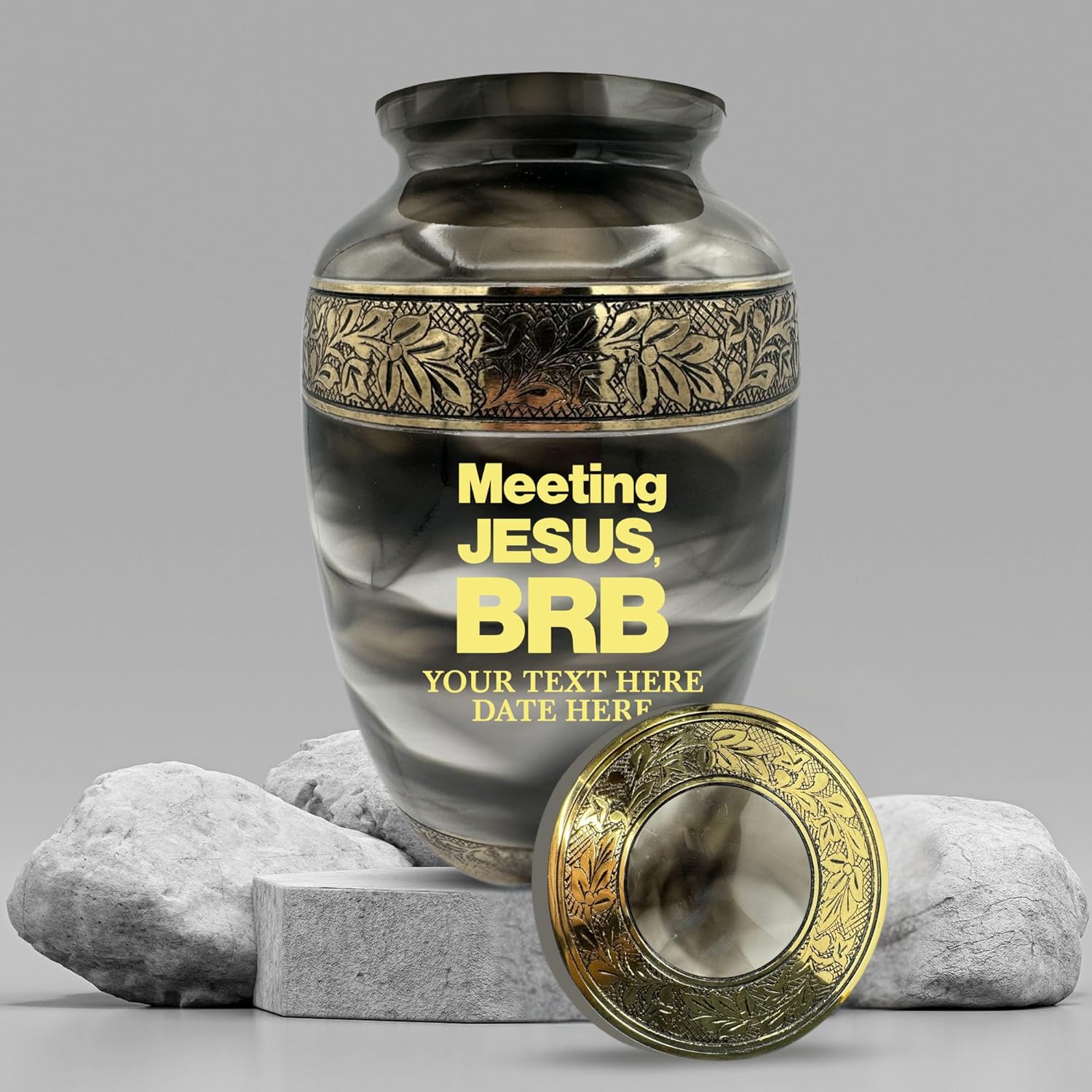 Custom Cremation Urn for Adults - Engraved with Name Dates Humor BRB 2 Design in Gold