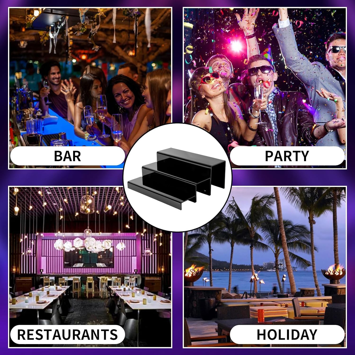 3 Tiers Bar Shelves for Liquor Bottles 15 Black Acrylic Risers Display Racks Stands for Collectibles