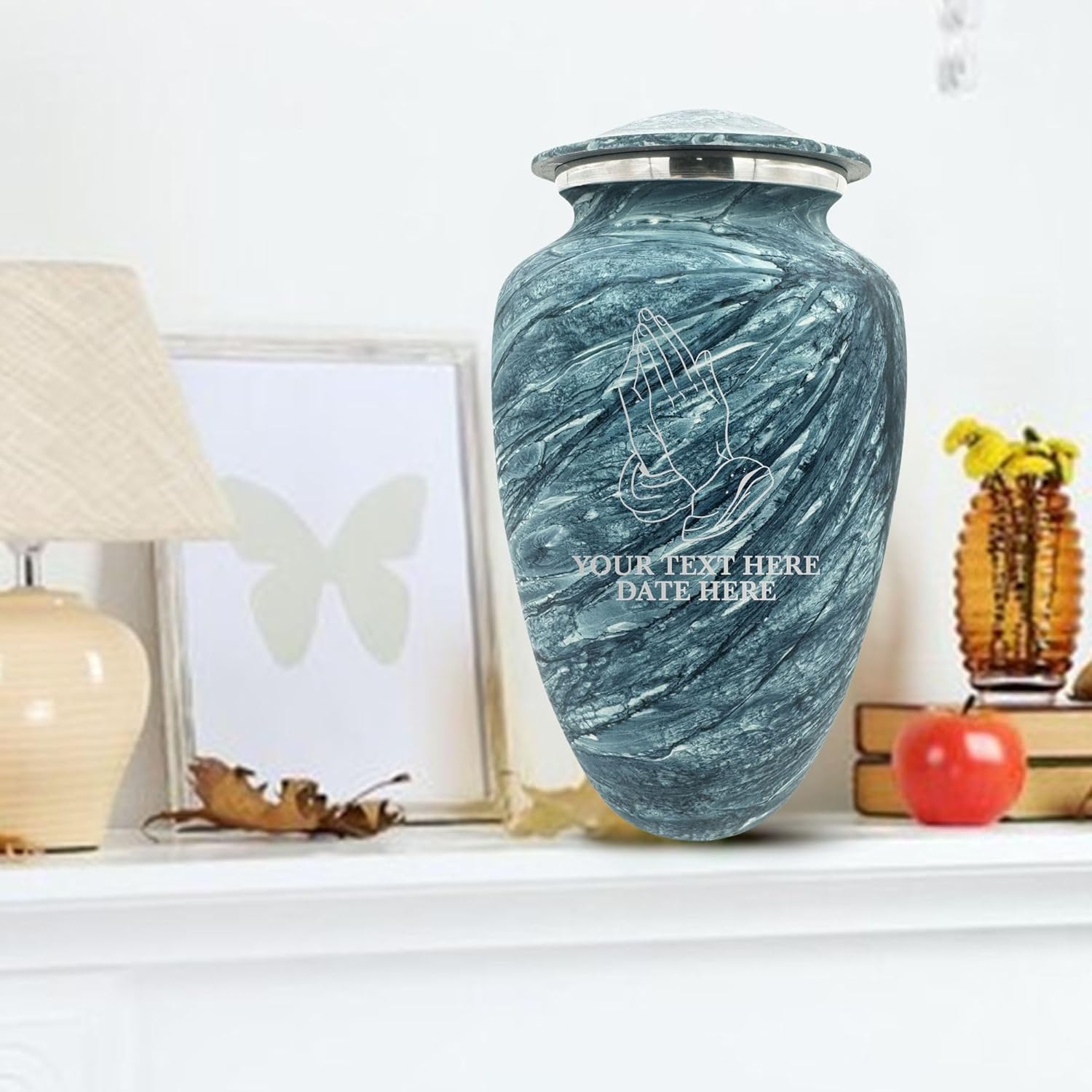 Custom Large Adult Cremation Urn with Name and Praying Hands Design - 200 Cubic Inch Blue Urn