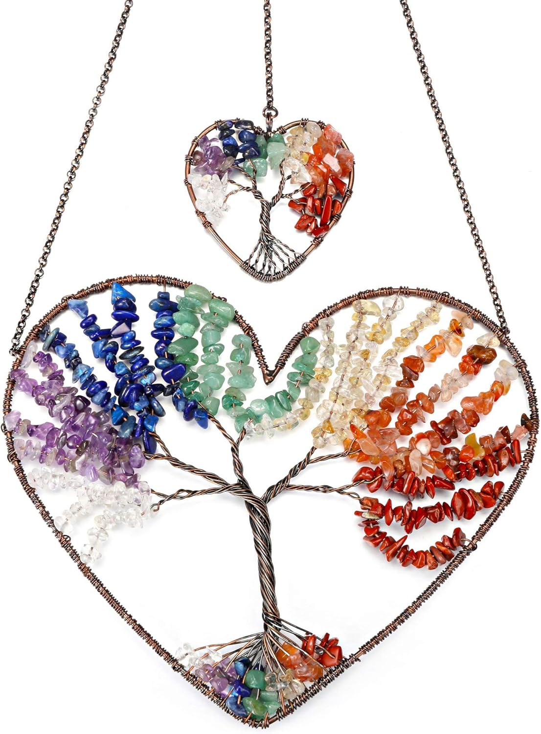JOVIVI Double Heart Tree of Life Hanging Ornament with 7 Chakra Healing Crystals