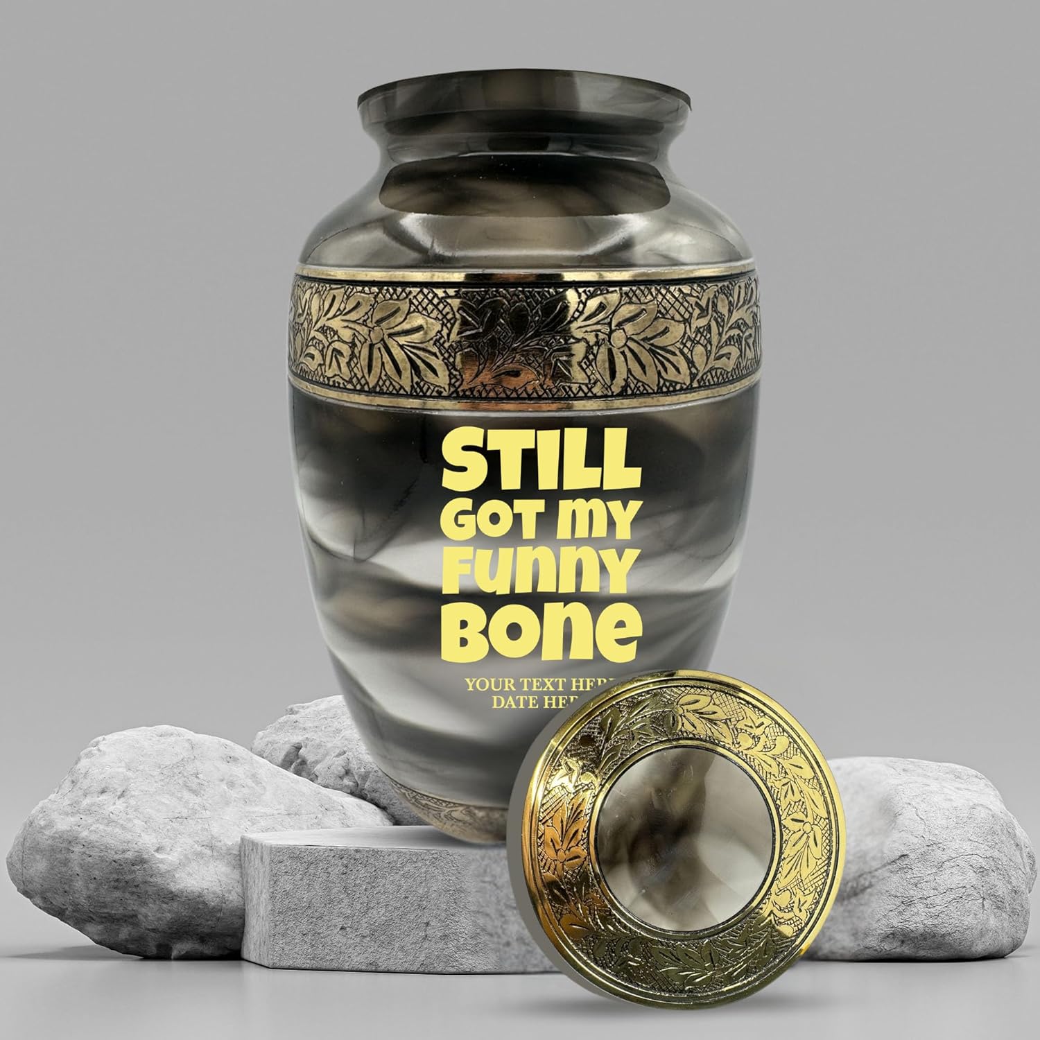 Custom Cremation Urn for Men Women - Gold Engraved Name Dates Funny Bone Design