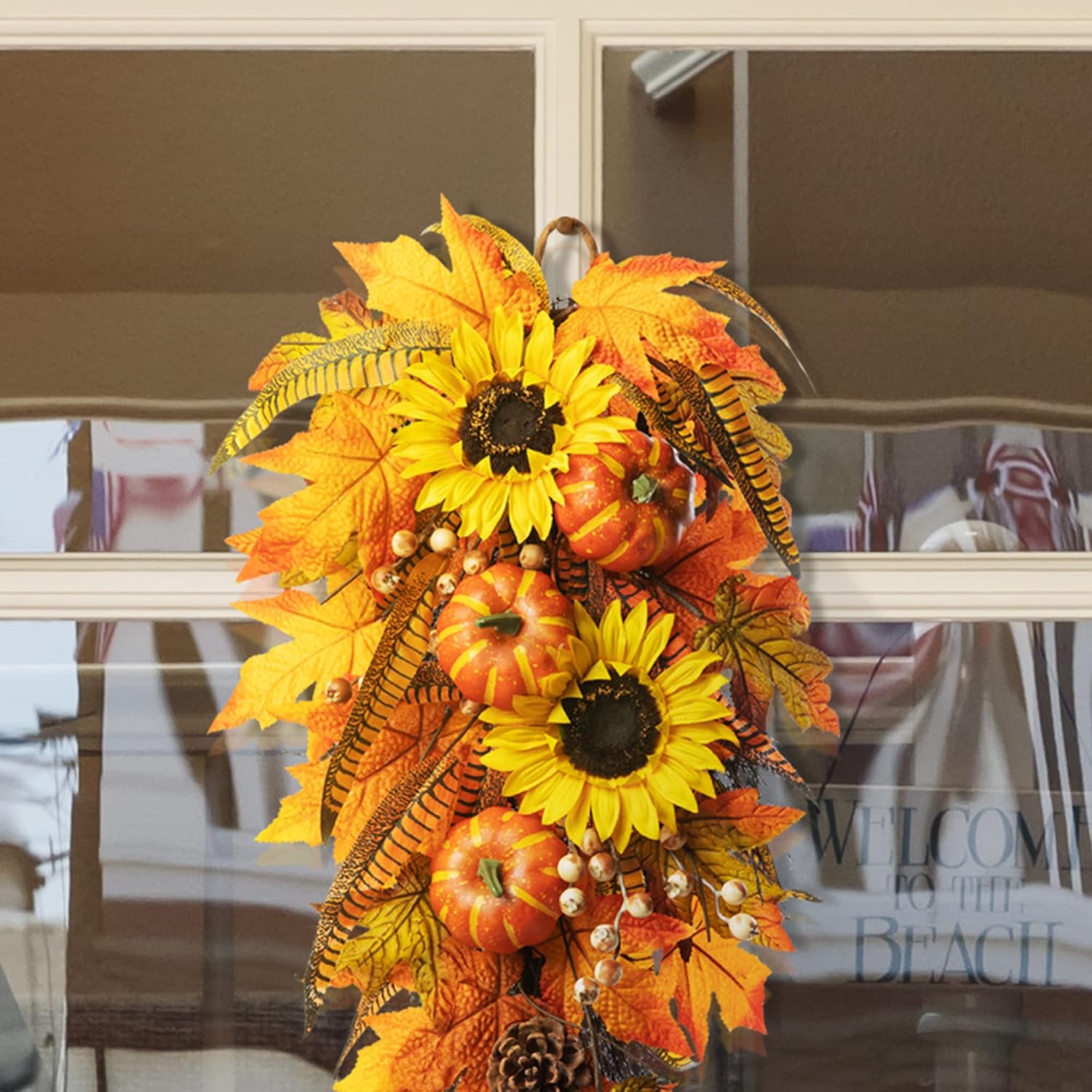 Glitzhome 26 Inch Autumn Sunflower Pumpkin Leaf Swag