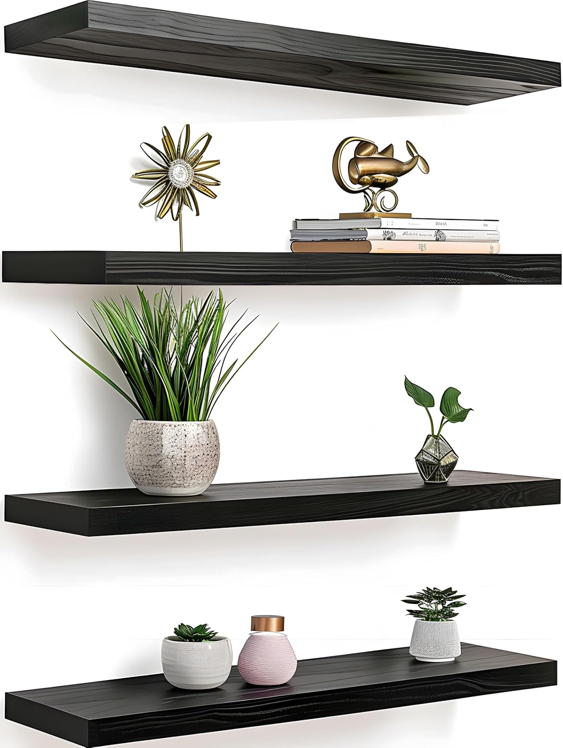 Black Wood Floating Shelves Set of 4 for Wall Rustic Bedroom Living Room