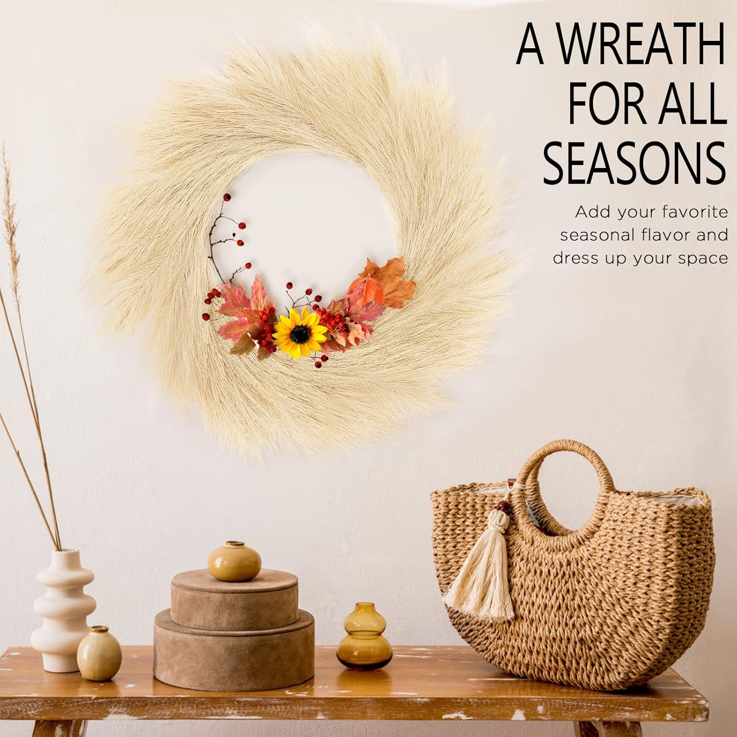 Hananona Artificial Pampas Grass Wreath 26 Beige