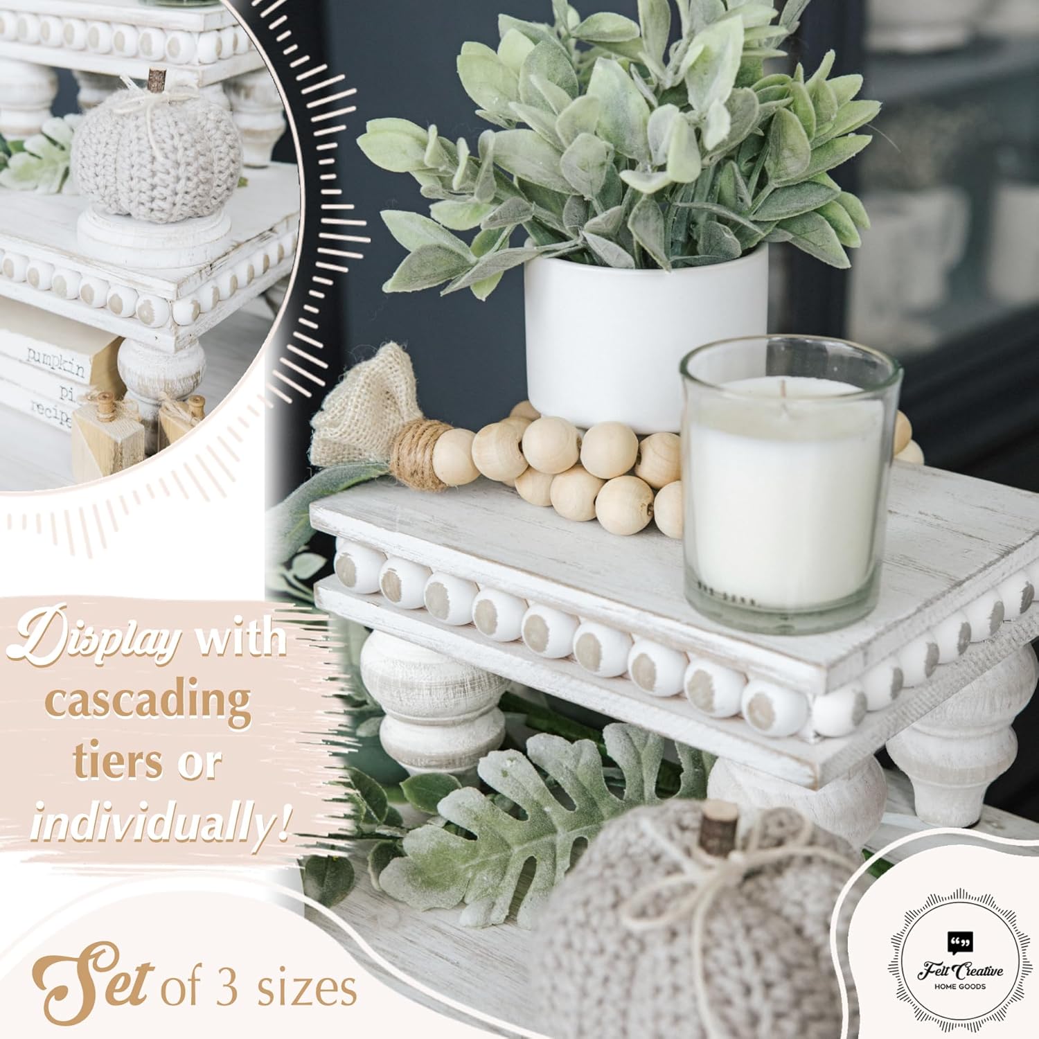 Wooden Tiered Tray Set - 3 Piece Farmhouse Display Risers