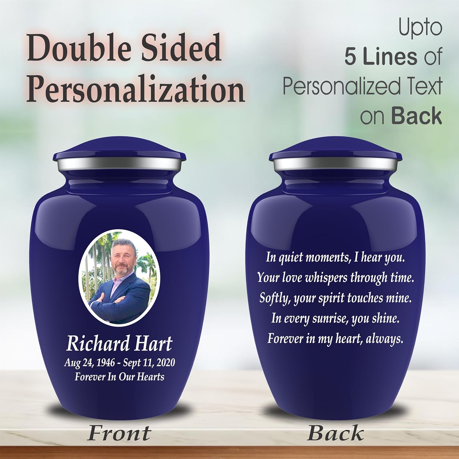 Personalized Photo Cremation Urn with Engraving and Velvet Bag Blue
