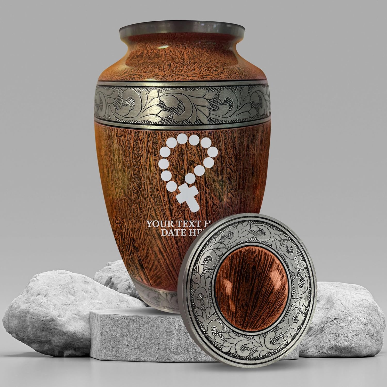 Personalized Large Cremation Urn - Distressed Silver Etched Memorial Vessel for Ashes