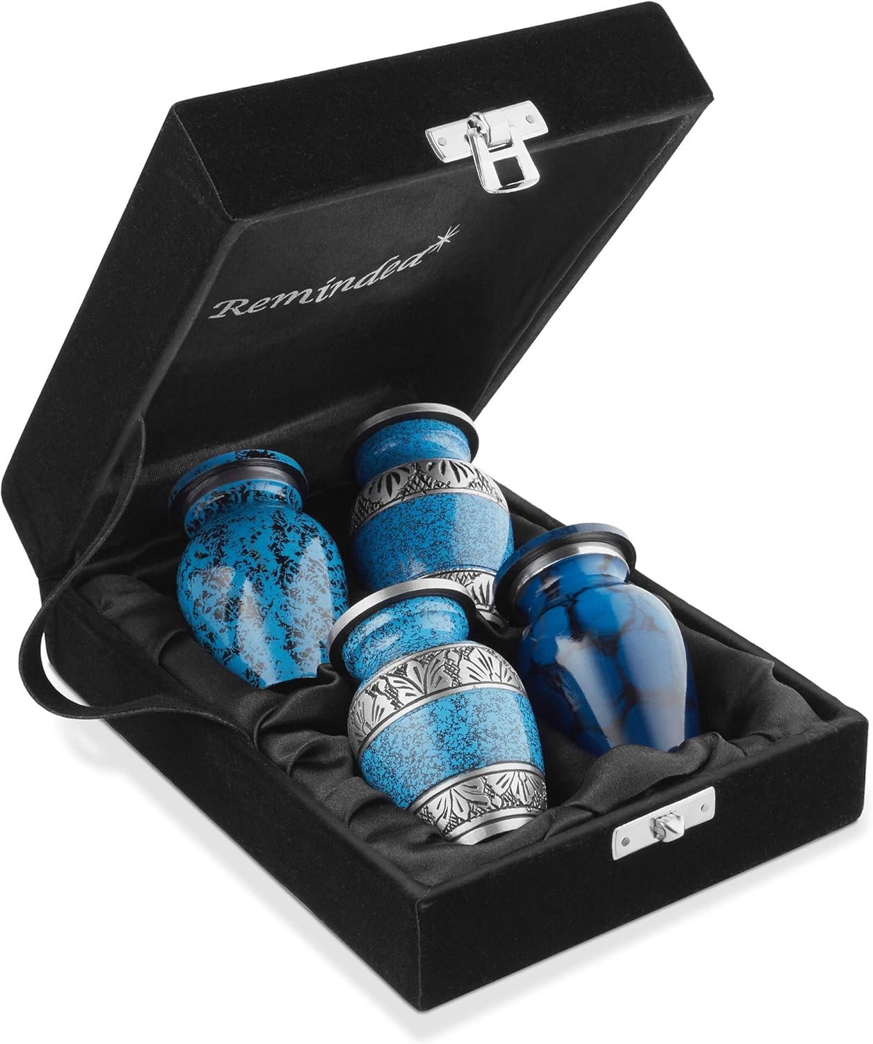 Reminded Mini Cremation Urns Set of 4 Blue Silver with Velvet Case