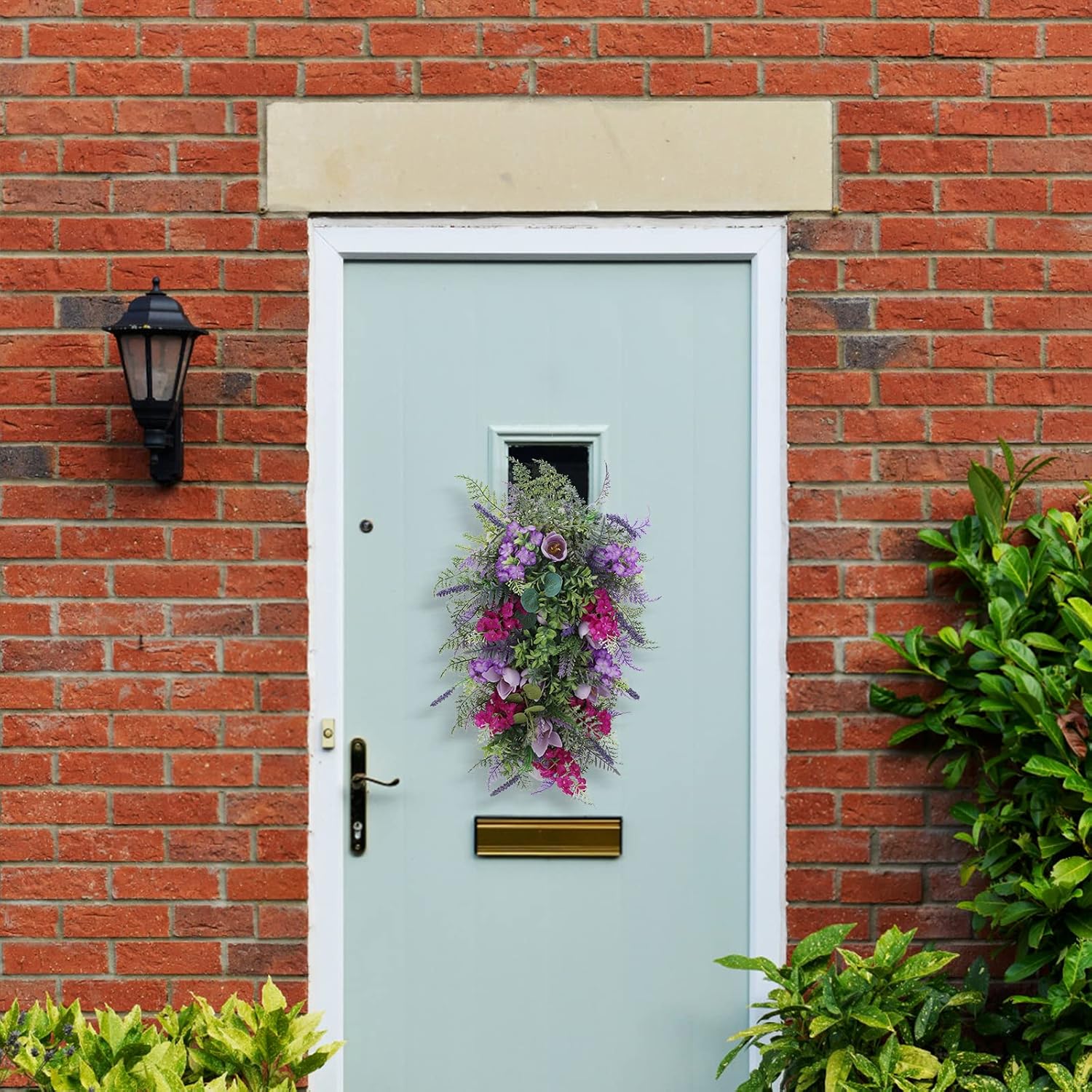 Spring Wreath for Front Door with Lavender and Tulip Flowers