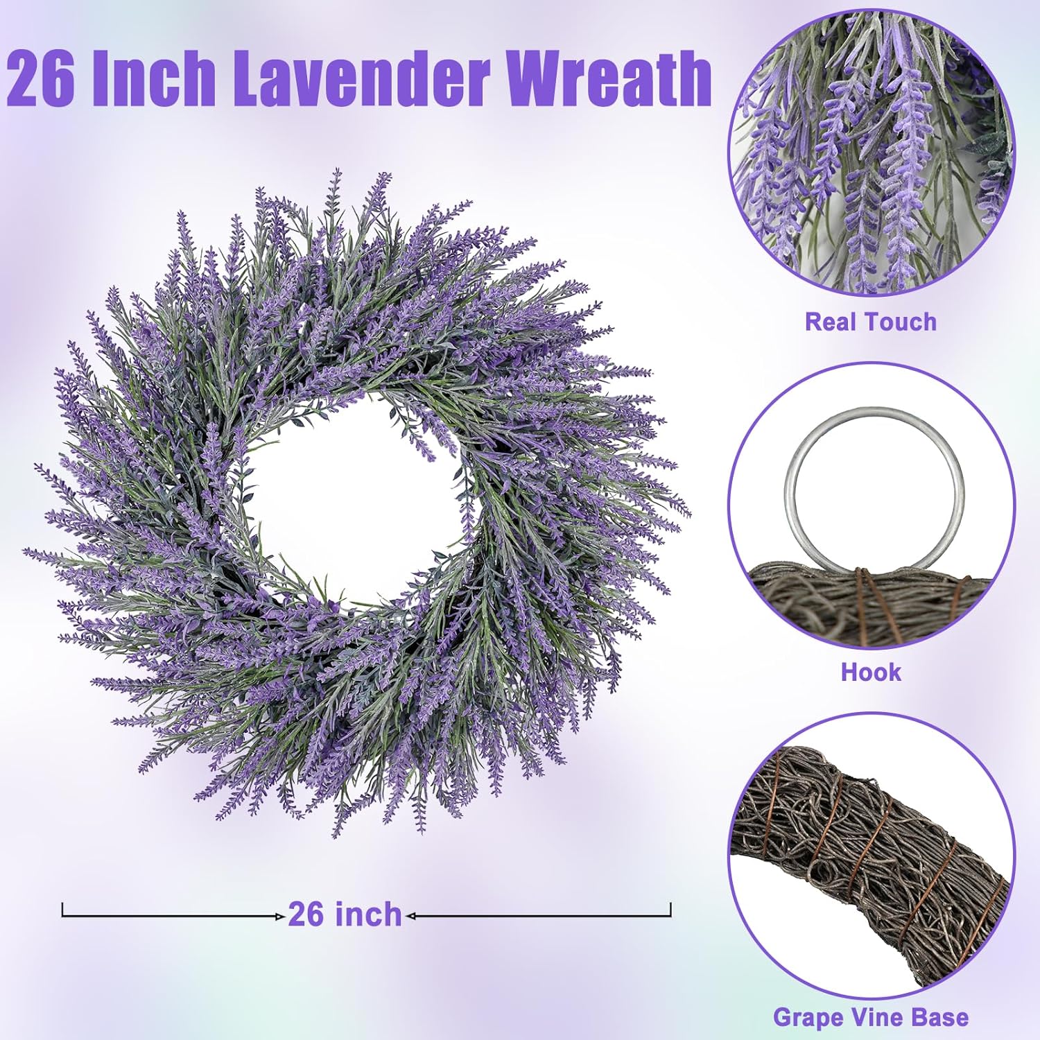 26 Inch Lavender Wreath for Front Door Home Decor