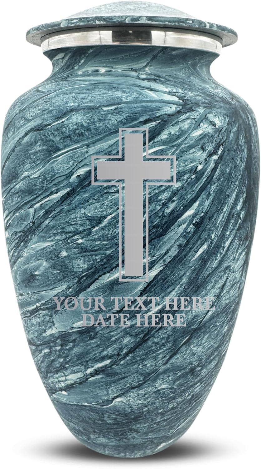 Custom Large Cremation Urn with Name and Memorial Cross - 200 Cubic Inch Blue Urn