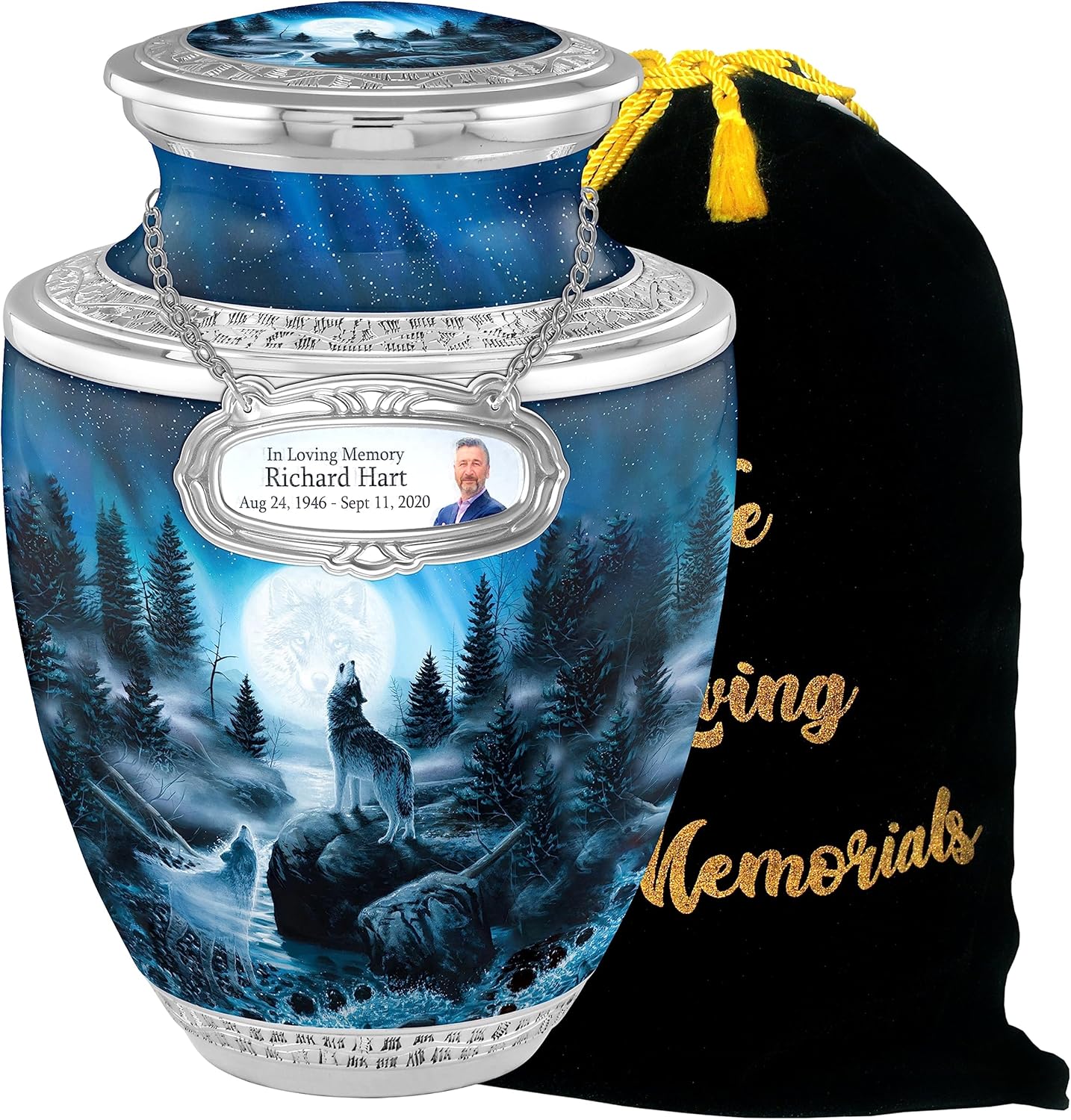 Personalized Medallion Wolf Cremation Urn for Adult Ashes