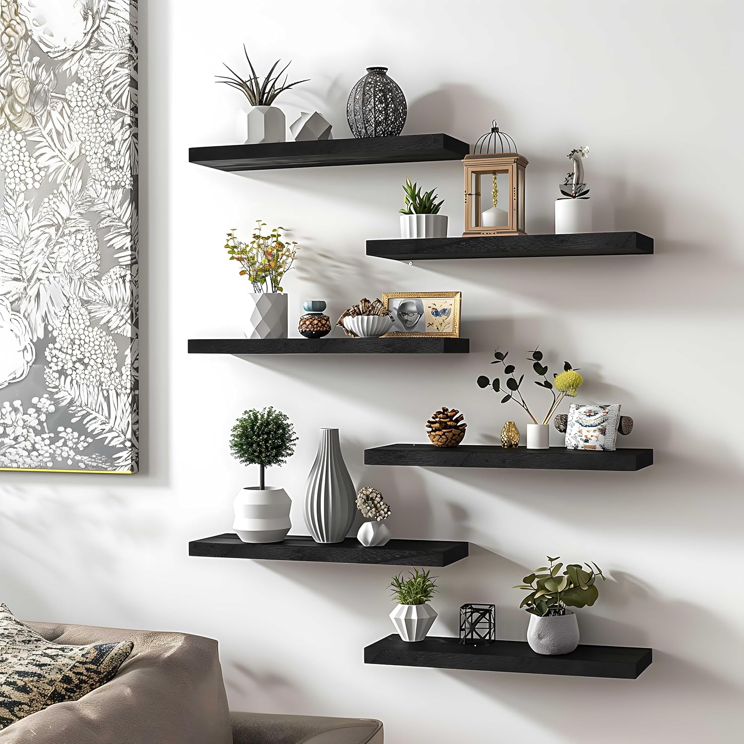 Black Wood Floating Shelves Set of 4 for Wall Rustic Bedroom Living Room