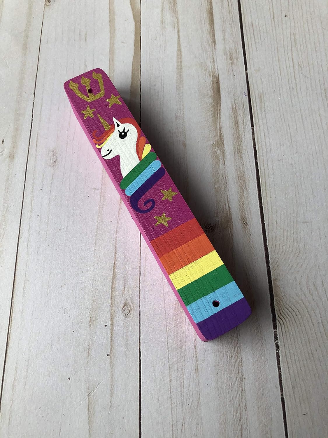 Lea Joelle Unicorn Mezuzah with Rainbow and Stars - Handmade Scroll Case Dark Pink